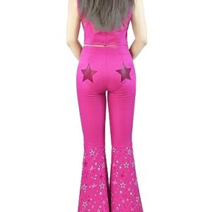 70s 80s Hippie Disco Costume Pink Flare Pant Halloween Cosplay For Women Girls (Color : Barbie, Size : 110)