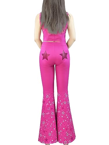 70s 80s Hippie Disco Costume Pink Flare Pant Halloween Cosplay For Women Girls (Color : Barbie, Size : 110)