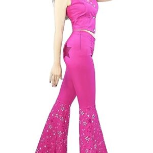 70s 80s Hippie Disco Costume Pink Flare Pant Halloween Cosplay For Women Girls (Color : Barbie, Size : 110)