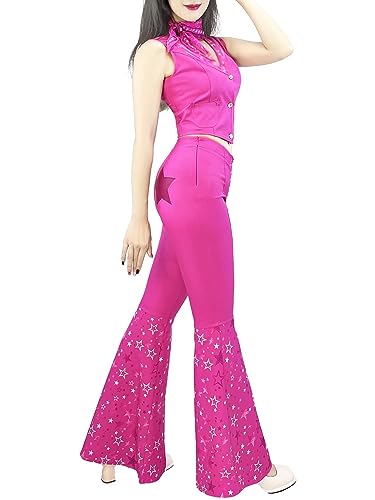 70s 80s Hippie Disco Costume Pink Flare Pant Halloween Cosplay For Women Girls (Color : Barbie, Size : 110)