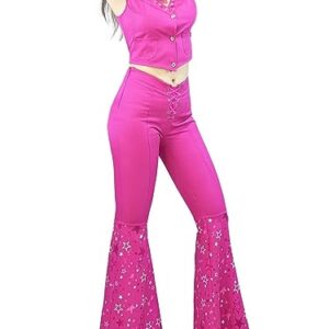 70s 80s Hippie Disco Costume Pink Flare Pant Halloween Cosplay For Women Girls (Color : Barbie, Size : 110)