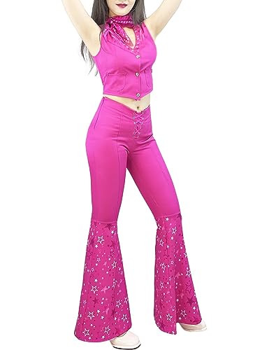 70s 80s Hippie Disco Costume Pink Flare Pant Halloween Cosplay For Women Girls (Color : Barbie, Size : 110)