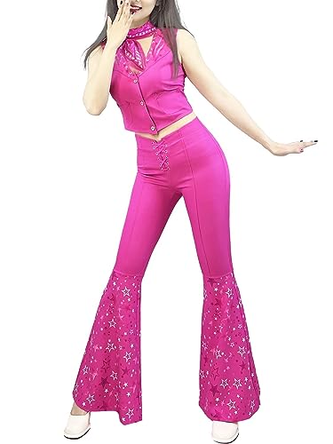 70s 80s Hippie Disco Costume Pink Flare Pant Halloween Cosplay For Women Girls (Color : Barbie, Size : 110)