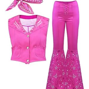 70s 80s Hippie Disco Costume Pink Flare Pant Halloween Cosplay For Women Girls (Color : Barbie, Size : 110)