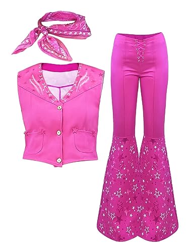 70s 80s Hippie Disco Costume Pink Flare Pant Halloween Cosplay For Women Girls (Color : Barbie, Size : 110)