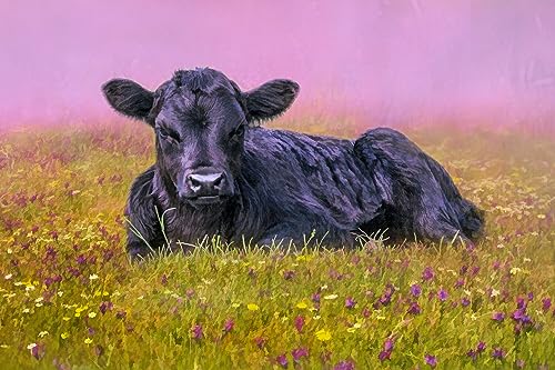 Black Angus Calf in The Flowers Quilt Panel - SC2159 - Panel Size is 24” X 16”, Quality Quilting Cotton, Digitally Printed