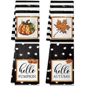 norme 4 pcs thanksgiving fall hello pumpkin kitchen towels, 18 x 28 inch fall dish towels hello autumn polka dot stripes black and white kitchen towels absorbent drying cloth for bathroom decor hand