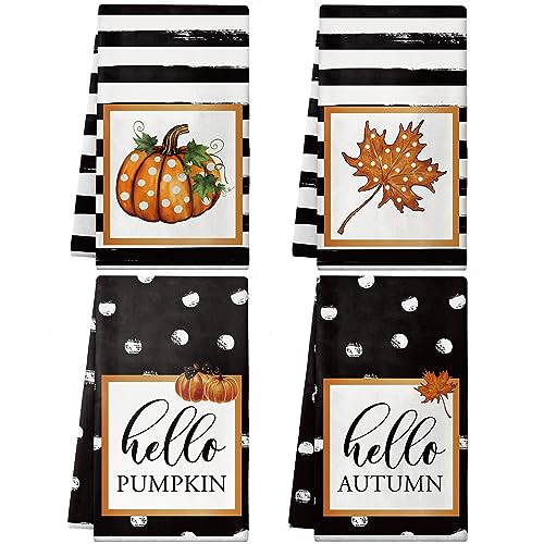 Norme 4 Pcs Thanksgiving Fall Hello Pumpkin Kitchen Towels, 18 x 28 Inch Fall Dish Towels Hello Autumn Polka Dot Stripes Black and White Kitchen Towels Absorbent Drying Cloth for Bathroom Decor Hand