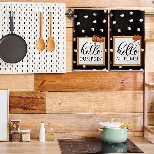 Norme 4 Pcs Thanksgiving Fall Hello Pumpkin Kitchen Towels, 18 x 28 Inch Fall Dish Towels Hello Autumn Polka Dot Stripes Black and White Kitchen Towels Absorbent Drying Cloth for Bathroom Decor Hand