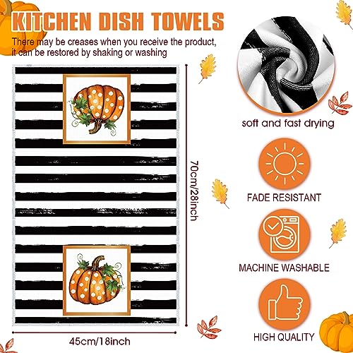 Norme 4 Pcs Thanksgiving Fall Hello Pumpkin Kitchen Towels, 18 x 28 Inch Fall Dish Towels Hello Autumn Polka Dot Stripes Black and White Kitchen Towels Absorbent Drying Cloth for Bathroom Decor Hand