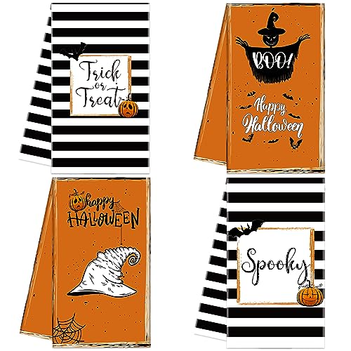 4 PCS Halloween Dish Towels Happy Halloween Kitchen Towels Trick or Treat Boo Spooky Tea Towels Halloween Dishcloth for Kitchen Home Decor Bathroom Table, 18" x 26"