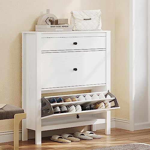 DWVO Narrow Shoe Cabinet with 2 Flip Drawer Slim White Shoe Storage Cabinet with Drawer, Adjustable or Removable Hidden Shoe Rack Free Standing Shoe Cabinet Organizer for Entryway Hallway