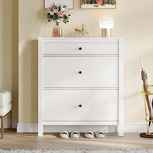 DWVO Narrow Shoe Cabinet with 2 Flip Drawer Slim White Shoe Storage Cabinet with Drawer, Adjustable or Removable Hidden Shoe Rack Free Standing Shoe Cabinet Organizer for Entryway Hallway