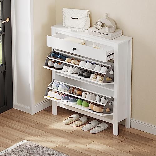 DWVO Narrow Shoe Cabinet with 2 Flip Drawer Slim White Shoe Storage Cabinet with Drawer, Adjustable or Removable Hidden Shoe Rack Free Standing Shoe Cabinet Organizer for Entryway Hallway