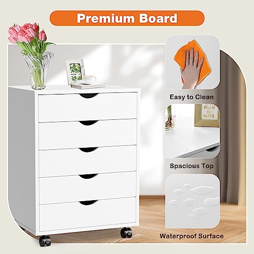 Sweetcrispy 5 Drawer Chest - Storage Cabinets Dressers Wood Dresser Cabinet with Wheels Mobile Organizer Drawers for Office, Bedroom, Home, White