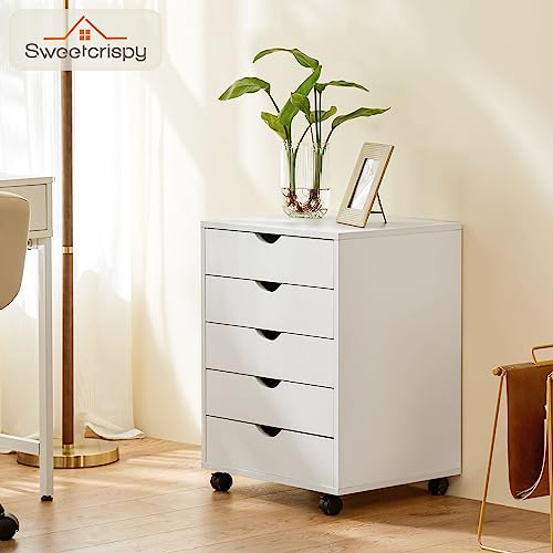 Sweetcrispy 5 Drawer Chest - Storage Cabinets Dressers Wood Dresser Cabinet with Wheels Mobile Organizer Drawers for Office, Bedroom, Home, White