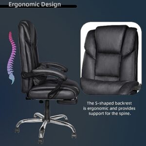 Mimager High Back Executive Office Chair, Reclining Office Chair with Footrest, PU Leather Home Office Desk Chair Adjustable Height, Computer Desk Chair with Lumbar Cushion, Padded Armrests, Black