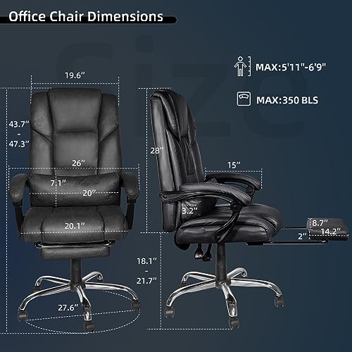 Mimager High Back Executive Office Chair, Reclining Office Chair with Footrest, PU Leather Home Office Desk Chair Adjustable Height, Computer Desk Chair with Lumbar Cushion, Padded Armrests, Black