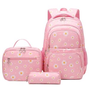 zhierna school backpack 3pcs daisy prints set with lunch bag, bookbags with pen case for teen girls kindergarten elementary（pink）