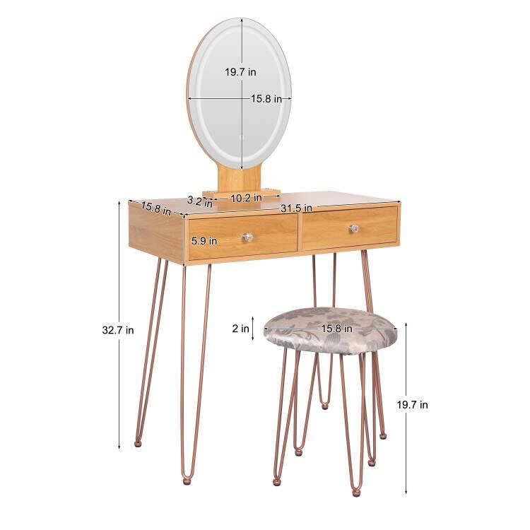 Forsho Dress Table Makeup Table White Vanity Set with 3-Color Dimmable Lighted Mirror Makeup Desk with 2 Drawers and Yellow Padded Stool