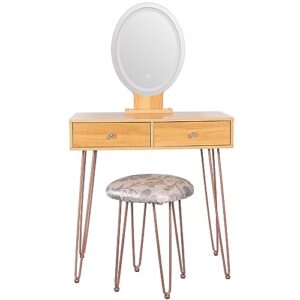 Forsho Dress Table Makeup Table White Vanity Set with 3-Color Dimmable Lighted Mirror Makeup Desk with 2 Drawers and Yellow Padded Stool