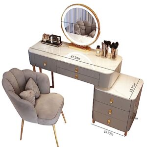 Women Dressing Table with Mirror and Lights,Makeup Vanity with 6 Drawers, Chair,Cabinet, Vanity Mirror with 3-Color Touch Screen Lighted,Makeup Desk for Bedroom (Gray, 47inch)