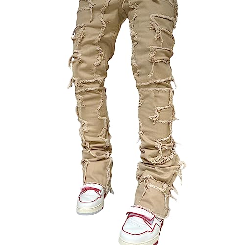 DSORVICD Mens Stacked Jeans Slim Fit Ripped Distressed Jeans Destroyed Straight Denim Pants Y2k Jeans Streetwear (Khaki, L)