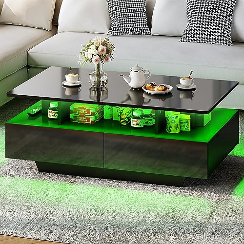 YITAHOME LED Coffee Table with Storage, High Glossy LED Coffee Tables for Living Room, Small Center Table with Open Display Shelf & Sliding Drawers, Black