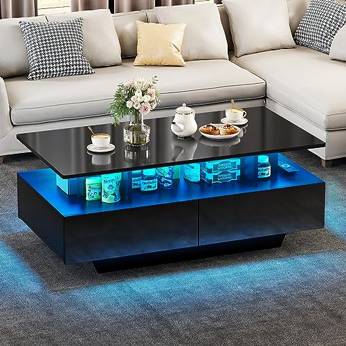 YITAHOME LED Coffee Table with Storage, High Glossy LED Coffee Tables for Living Room, Small Center Table with Open Display Shelf & Sliding Drawers, Black