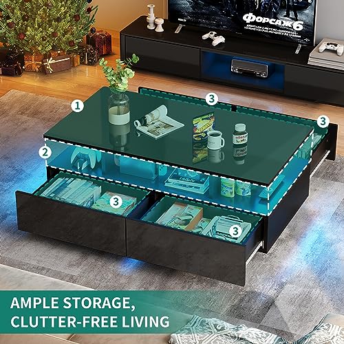 YITAHOME LED Coffee Table with Storage, High Glossy LED Coffee Tables for Living Room, Small Center Table with Open Display Shelf & Sliding Drawers, Black