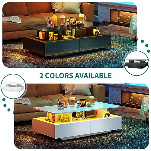 YITAHOME LED Coffee Table with Storage, High Glossy LED Coffee Tables for Living Room, Small Center Table with Open Display Shelf & Sliding Drawers, Black