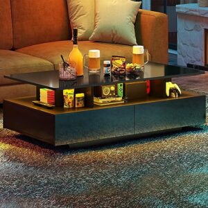 YITAHOME LED Coffee Table with Storage, High Glossy LED Coffee Tables for Living Room, Small Center Table with Open Display Shelf & Sliding Drawers, Black