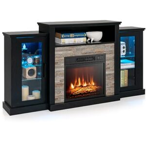tangkula electric fireplace tv stand, electric fireplace mantel with 16-color led lights, adjustable glass shelves, remote & smart app control, tv console for living room (black)