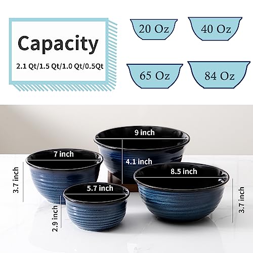 Hasense Ceramic Mixing Bowls Set, 20+40+65+84 Oz - 4PCS and Porcelain Salt and Pepper Shakers - 2PCS, Navy Blue