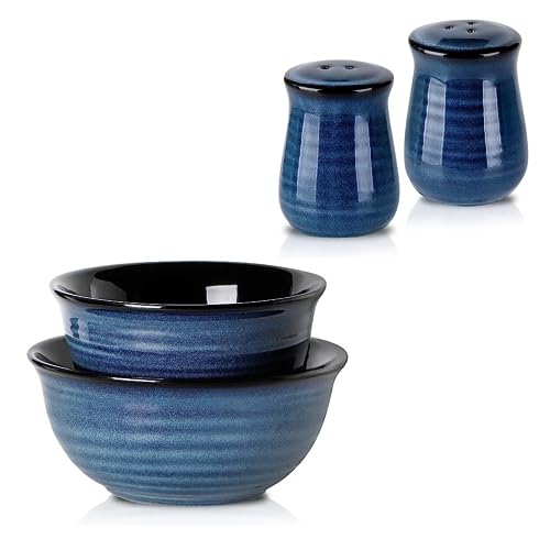 Hasense Large Ceramic Mixing Bowls Set, 40+65 Oz 2PCS and Porcelain Salt and Pepper Shakers, 2PCS,Navy Blue