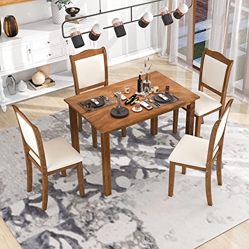 Merax 5 Piece Dining Table Set for Small Space Solid Wood Kitchen Dining Set with 4 Chairs Simple Style Kitchen Table for 4 Persons