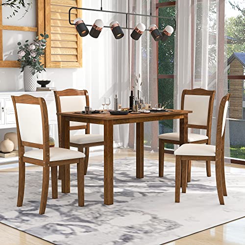 Merax 5 Piece Dining Table Set for Small Space Solid Wood Kitchen Dining Set with 4 Chairs Simple Style Kitchen Table for 4 Persons