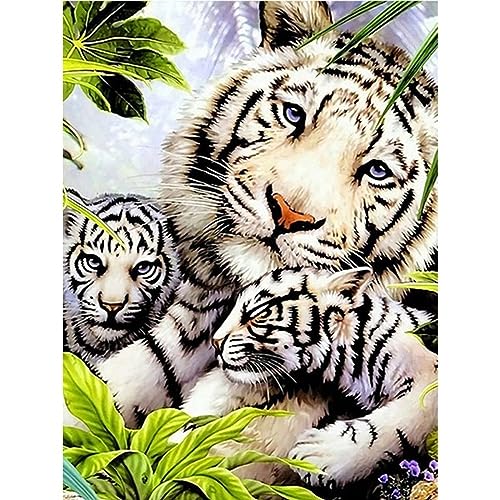 White Tiger Family Stamped Cross Stitch Kits Tiger Animal Adults Beginners Counted Cross Stitch Kits Needlecrafts for Home Wall Decor Cross Stitch Patterns/12x16 inch