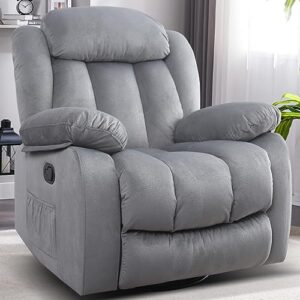 inzoy massage swivel rocker recliner with heat and vibration, manual rocking recliner chair with vibrating massage, comfy padded overstuffed soft fabric heated recliner, light grey