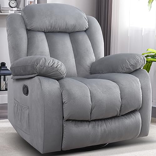 INZOY Massage Swivel Rocker Recliner with Heat and Vibration, Manual Rocking Recliner Chair with Vibrating Massage, Comfy Padded Overstuffed Soft Fabric Heated Recliner, Light Grey