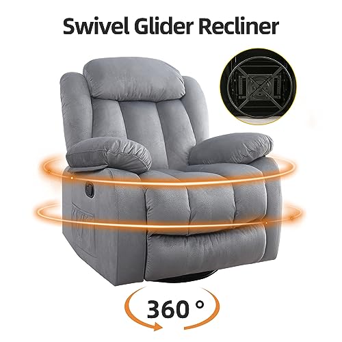 INZOY Massage Swivel Rocker Recliner with Heat and Vibration, Manual Rocking Recliner Chair with Vibrating Massage, Comfy Padded Overstuffed Soft Fabric Heated Recliner, Light Grey