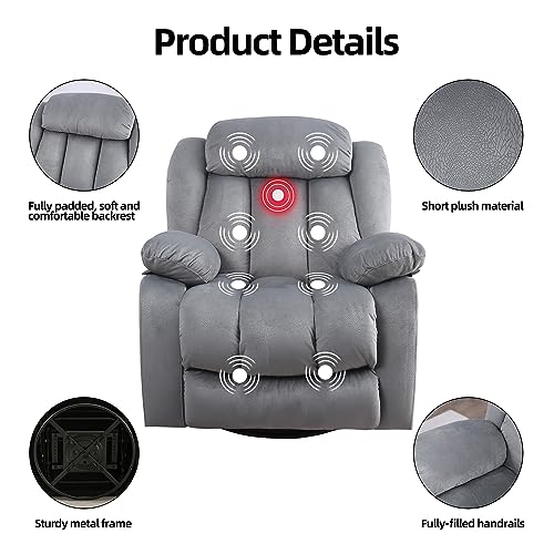 INZOY Massage Swivel Rocker Recliner with Heat and Vibration, Manual Rocking Recliner Chair with Vibrating Massage, Comfy Padded Overstuffed Soft Fabric Heated Recliner, Light Grey