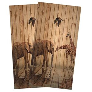 savannan dish cloths for kitchen, giraffe and elephant eagle on retro wooden plank water reflection,super soft and absorbent,reusable polyester towels for home,kitchen,18"x28", 2 pack