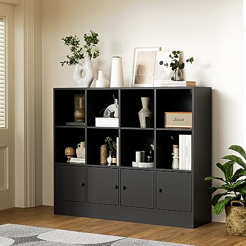 Anystyle Black 12 Cube Bookshelf, 3-Tier Bookcase Storage Cabinet with 4 Doors for Bedroom, Living Room