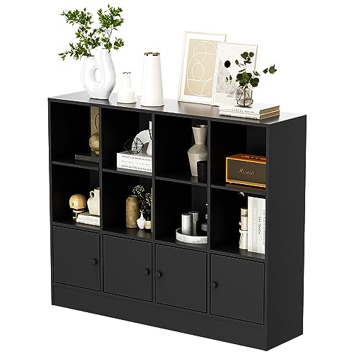 Anystyle Black 12 Cube Bookshelf, 3-Tier Bookcase Storage Cabinet with 4 Doors for Bedroom, Living Room