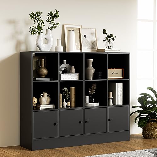 Anystyle Black 12 Cube Bookshelf, 3-Tier Bookcase Storage Cabinet with 4 Doors for Bedroom, Living Room