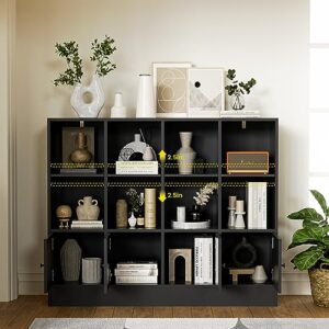 Anystyle Black 12 Cube Bookshelf, 3-Tier Bookcase Storage Cabinet with 4 Doors for Bedroom, Living Room