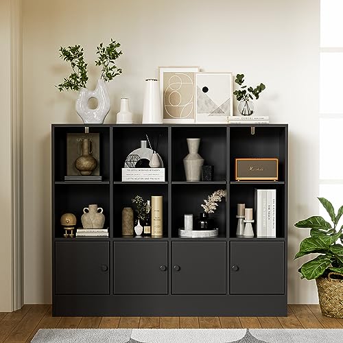 Anystyle Black 12 Cube Bookshelf, 3-Tier Bookcase Storage Cabinet with 4 Doors for Bedroom, Living Room