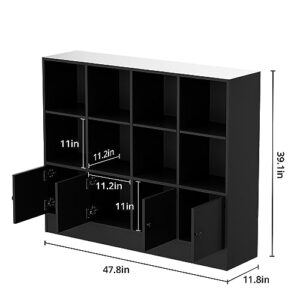 Anystyle Black 12 Cube Bookshelf, 3-Tier Bookcase Storage Cabinet with 4 Doors for Bedroom, Living Room