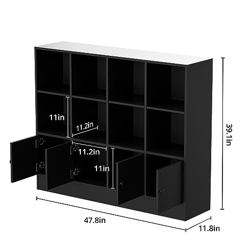 Anystyle Black 12 Cube Bookshelf, 3-Tier Bookcase Storage Cabinet with 4 Doors for Bedroom, Living Room